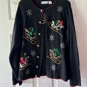 Festive Black and Red Cardigan with Sleigh Design